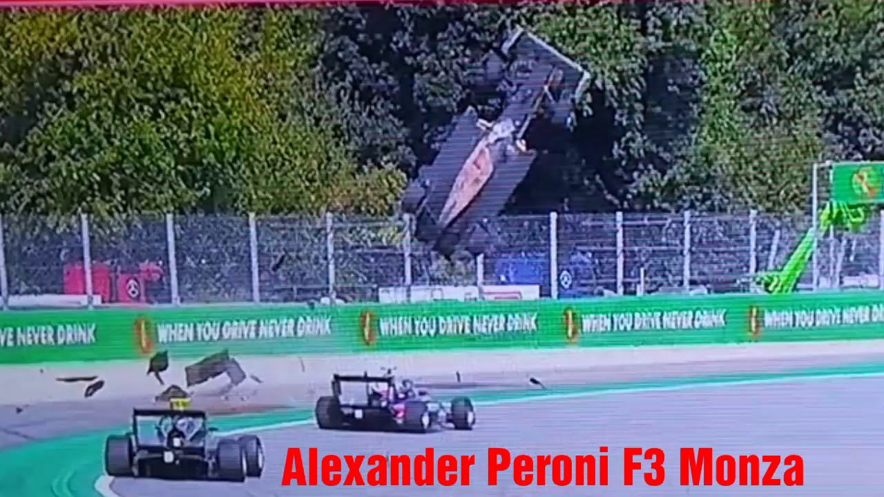 Alexander Peroni flight and crash - volo ed impatto - Monza F3 - illeso - no injury