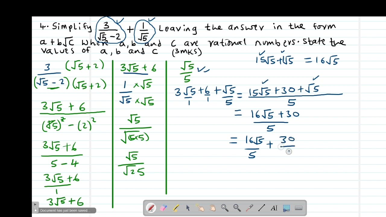 FORM3 : SURDS: LESSON 2 (KCSE 2003 PP2 NO.10, KCSE 2007 PP2 NO. 15 & KCSE 2015 PP2 NO.2)