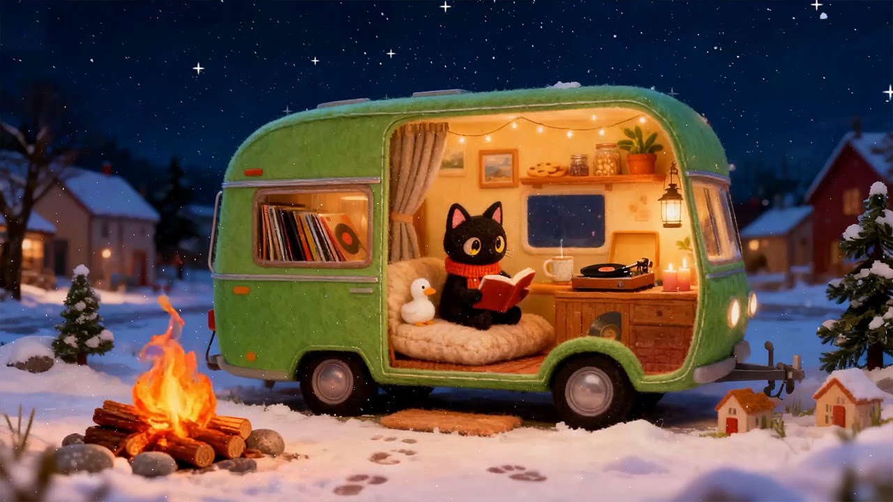 Cat's Snowy Camper Night ❄️ Cozy Lofi Music for Focus & Sleep 🌙 Soft Beats to Relax