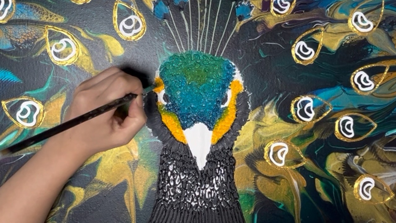 08) Majestic Peacock🦚 Revealed: Swipe & Chain Pull Pouring with Golden Texture Touches | fluid art