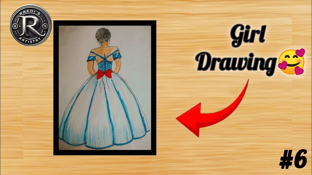 “Elegant Girl in Blue Dress | Back View Drawing” 💙👗