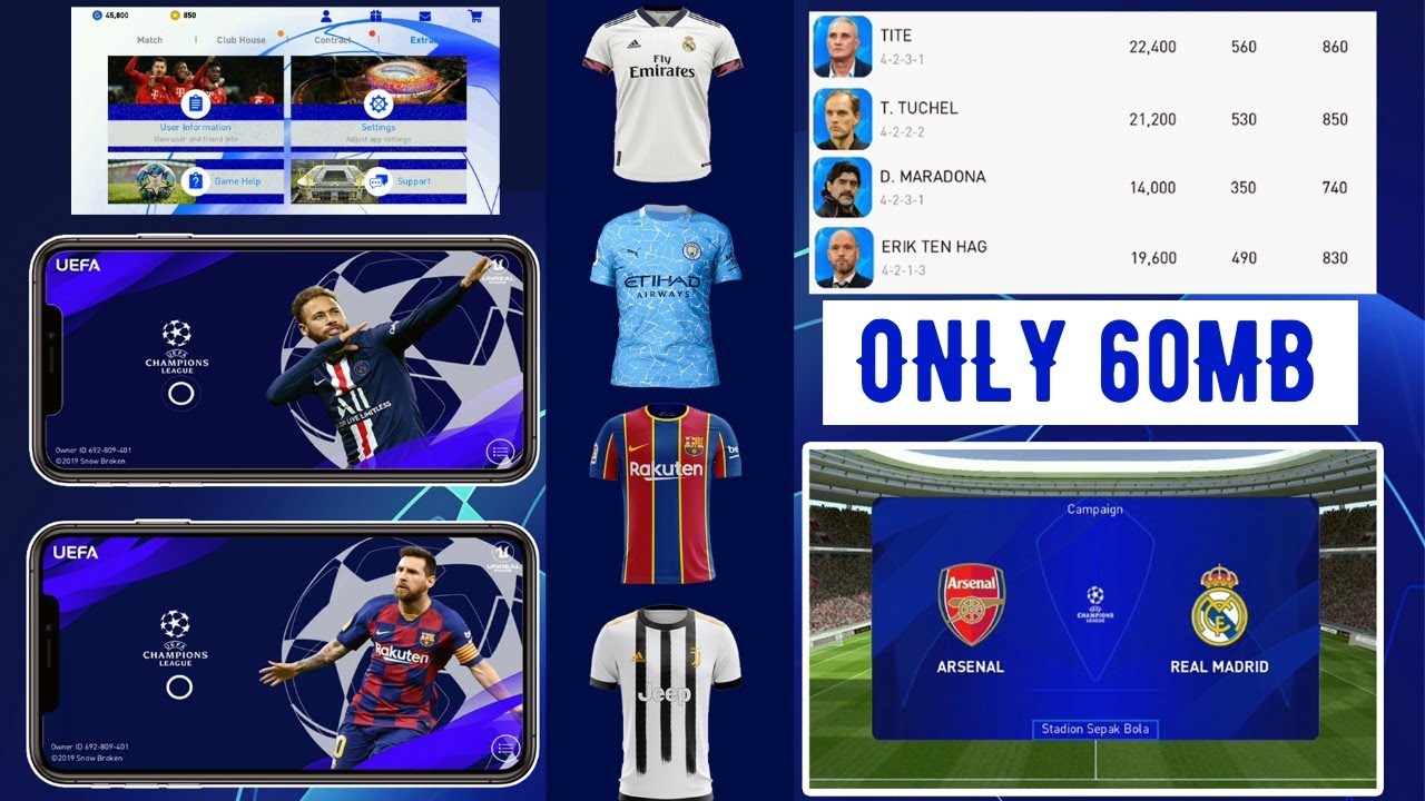 PES 2020 Mobile UCL Patch - New 2020/21 Kits, Licensed 50+ Managers, Full Licensed & More