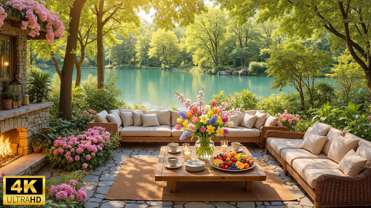 🌸 Spring Morning Garden with Piano Music, Birdsongs & Fireplace Sounds for Relaxation & Study