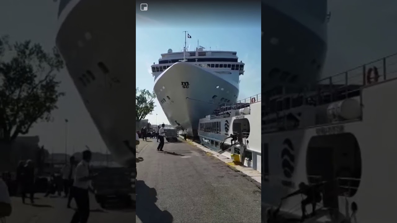 Man saved, almost crushed by MSC Opera cruiseship (2019) after jumping ledge (closer look) Venice