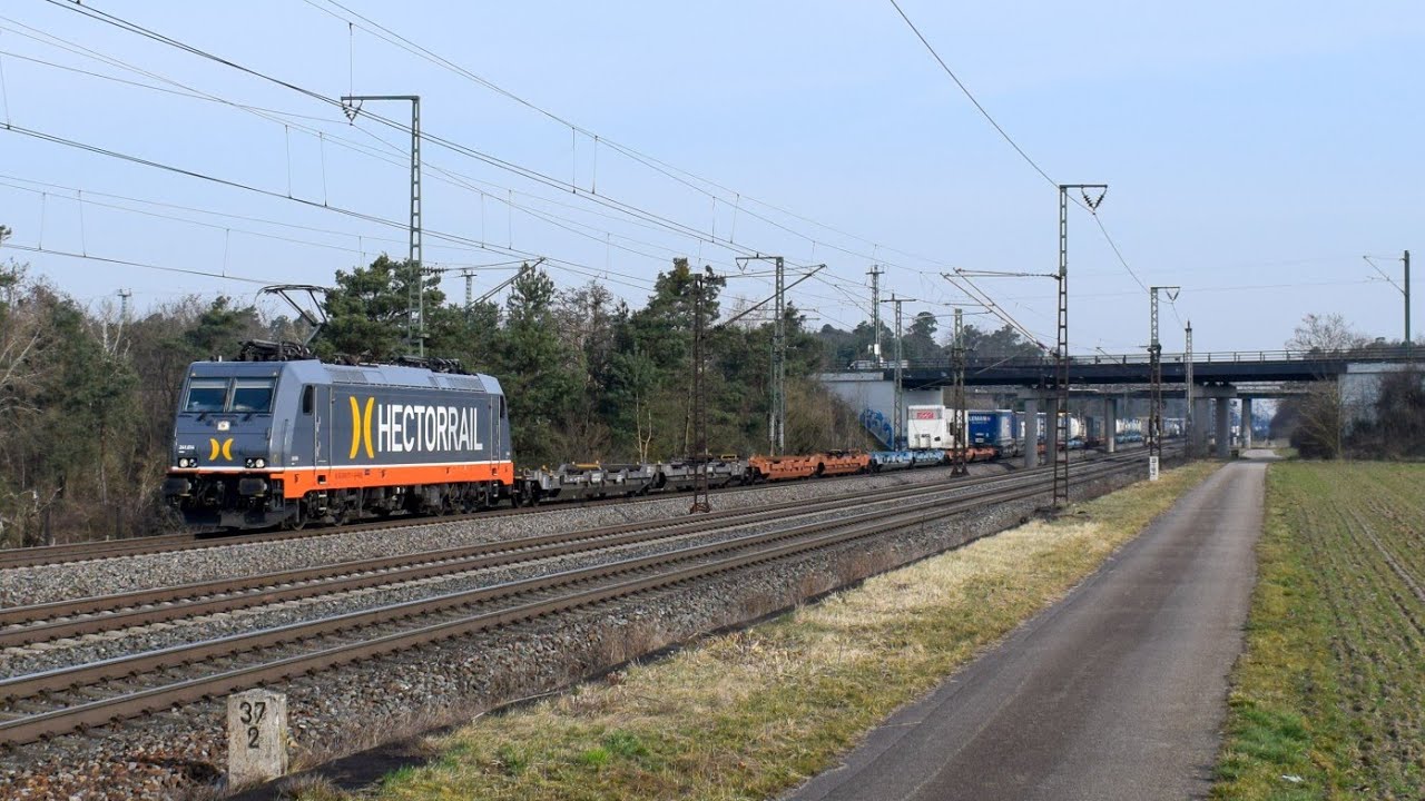 Eisenbahnverkehr auf der Rheintalbahn bei Graben Neudorf (GUTERZUG, EUROCITY, ICE, TGV, RE, S BAHN) 