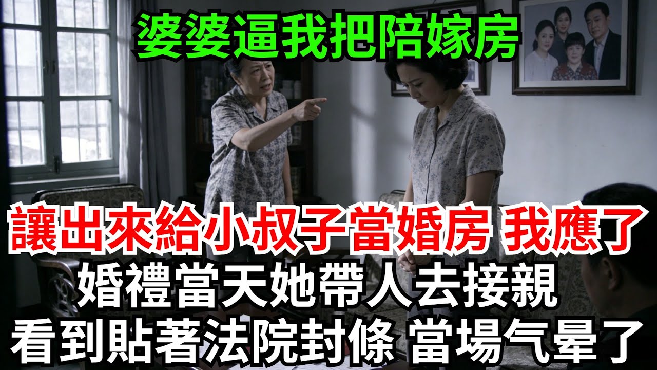 婆婆絕食逼我把陪嫁房讓出來給小叔子當婚房，我笑著答應了，婚禮當天她帶人去接親，看到門口貼著法院「查封拍賣」的封條，當場氣暈過去#完結故事#情感故事#爽文#婆媳關系#家庭生活#故事頻道#故事分享#情感
