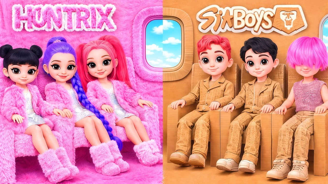 ¡Huntrix vs Saja Boys en el Avión! ✈️ Fluffy Girl vs Cardboard Fashion Battle  K Pop Demon Hunters