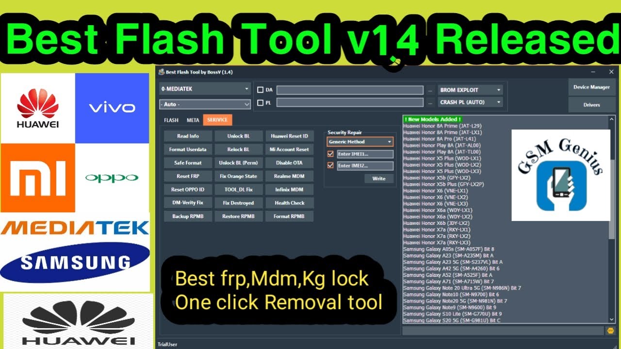 Best Flash Tool 1.4,HUAWEI Preloader Exploit,MT6765/MT6768 Read Flash, Write Flash,Erase FRP, Format