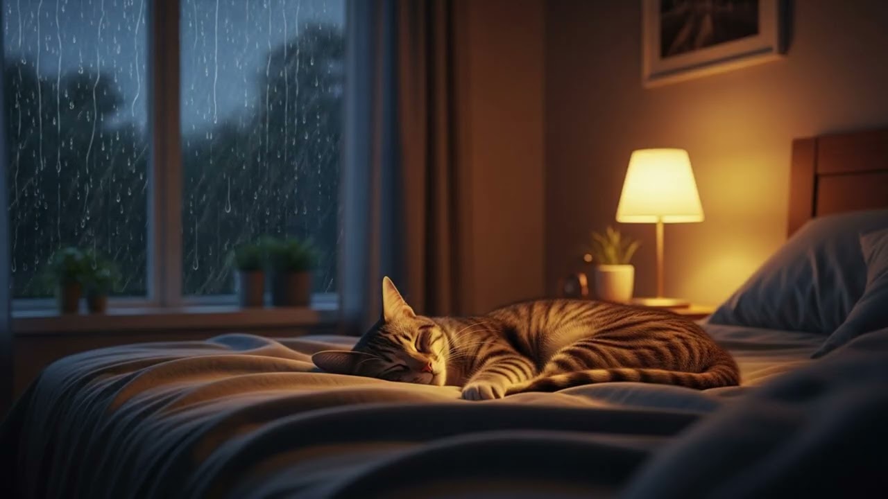 Gentle Rain & Relaxing Music | Cozy Bedroom Ambience, Sleeping Cat at Night 🐱🌧️