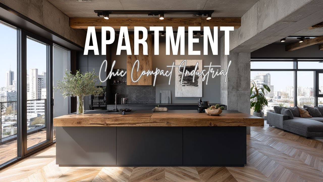 Chic Compact Industrial Apartment with graphite gray black steel and wood tones