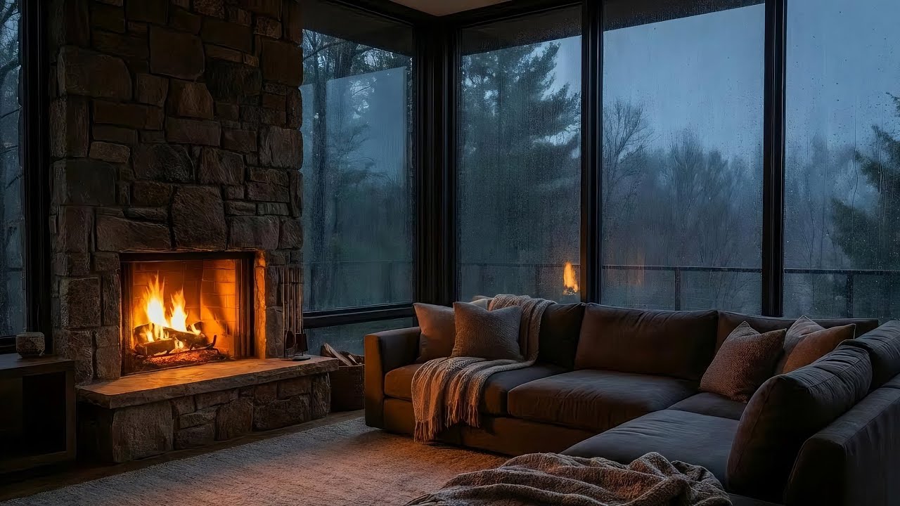 1 Hour Rainy Day by Cozy Fireplace 🔥🌧️ Relaxing Rain & Fire Sounds for Sleep, Study & Stress Relief