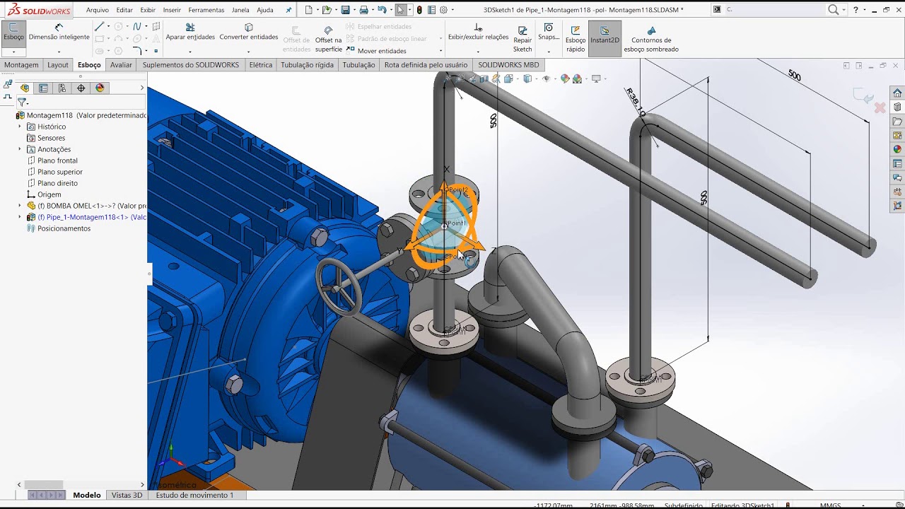 Aula 219 - Tubulação Interligação Bomba - Solidworks - Marcelo Pereira