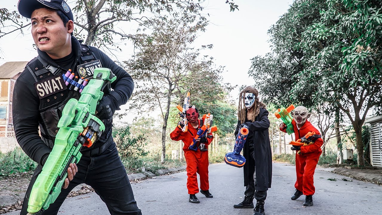 [ Nerf War ] Black Man Nerf Guns Fight Crime Mask Great Battle For Survival