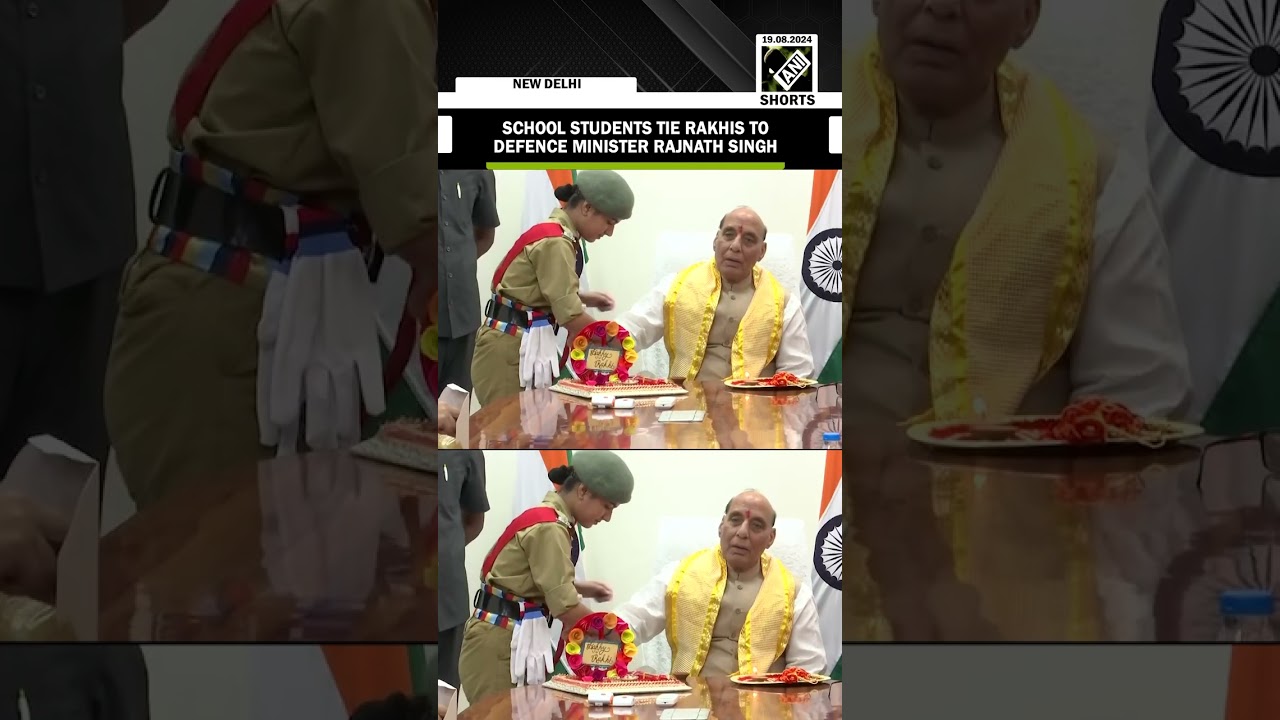 School students tie Rakhis to Defence Minister Rajnath Singh