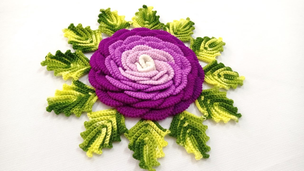 Como tejer la FLOR N° 38 con hojas a crochet paso a paso para centros, caminos de mesa y tapetes.