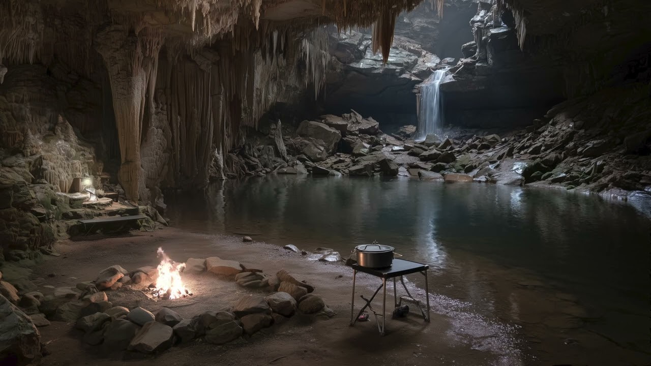 🎧 The Lost Cave | Campfire, Waterfall & Wind Ambience | Sleep, Meditation & Tinnitus Relief