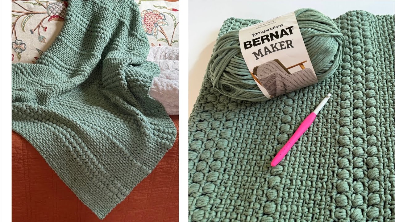 Уютное вязаное крючком одеяло из мха и пуфа, Bernat Maker, Лапган