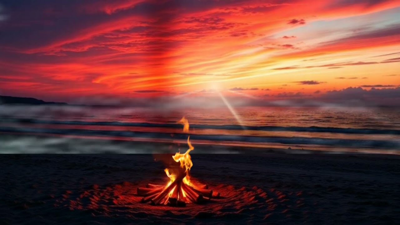 Chill Music & Relaxing Wave Sounds. Campfire By The Beach Live Wallpaper. Relaxation, Meditation.