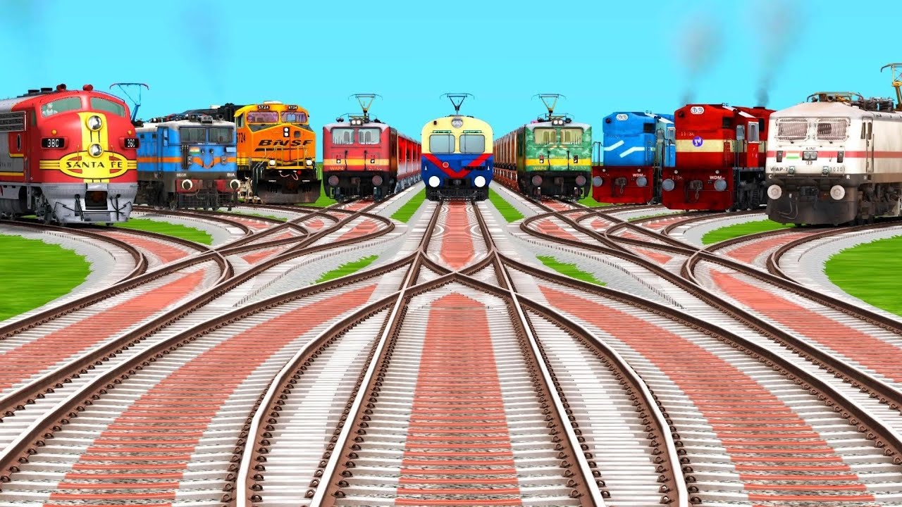 9 Trains Crossing High Speed In Indian Railways | Bumpy Railroad | train simulator | train game 3d