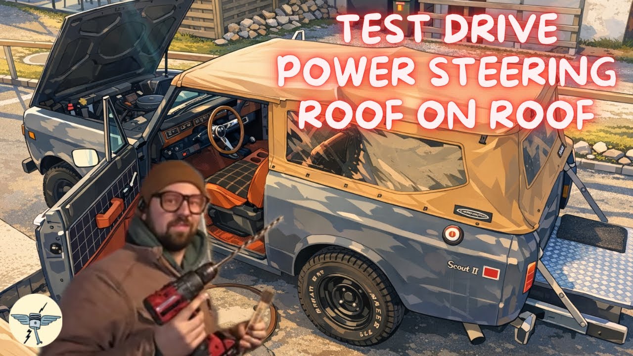 International Scout coldstart, testdrive, powersteering stuff and roof on roof operation!