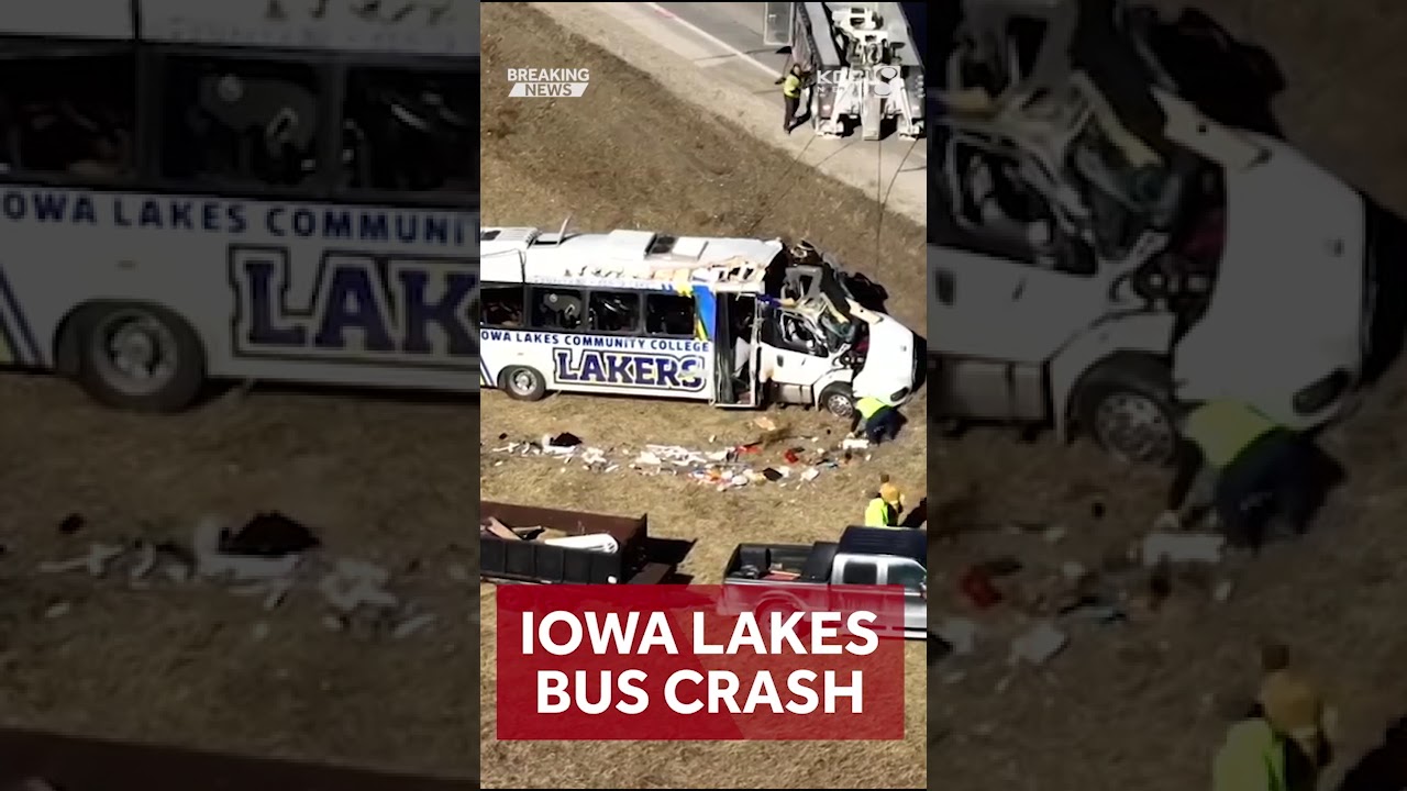 Watch: Drone footage captures moment Iowa Lakes bus was turned upright after crash