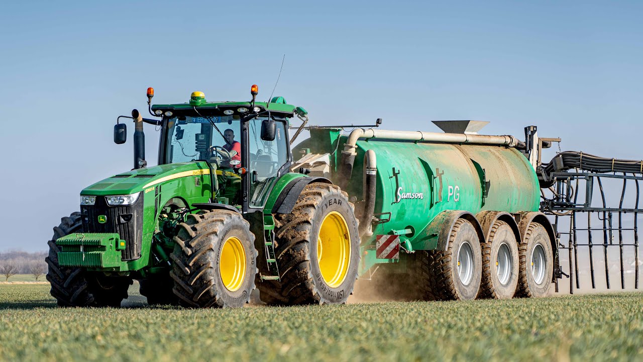 4K | Aplikace kejdy 2025 - John Deere 8360R & Samson PG 25 + 18m - 2x Man TGX - FirstFarms A/S
