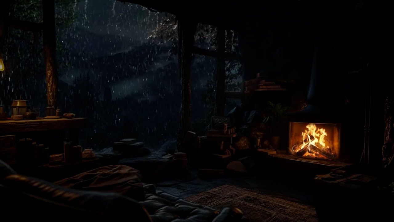 Cozy Cave Shelter from Heavy Rain & Thunder ⛈️ 24 Hours Fireplace Sounds for Deep Sleep 🔥
