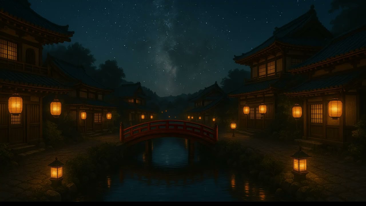 Vilarejo Japonês à Noite – Música Calma com Flautas | Rio e Ponte • Ambiente Relaxante