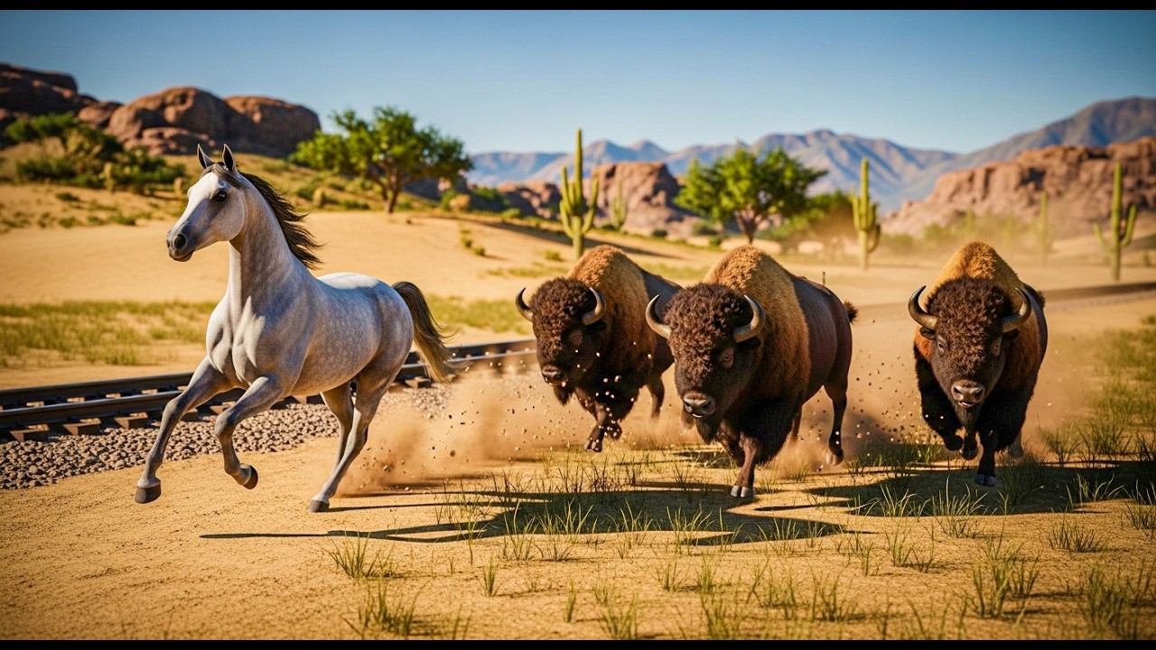 Arabian Horse Chase Across the Desert asThree Bison Charge Behind