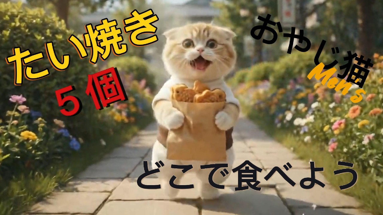 AI猫  おやじ猫♡たい焼き５個買ったので どこで食べようかにゃん🐾
