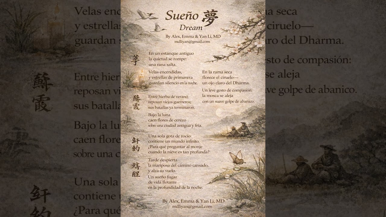 🌙 Sueño · 夢 · Dream By Alex, Emma & Yan Li, MD mdliyan@gmail.com
En un estanque antiguo
la quietud