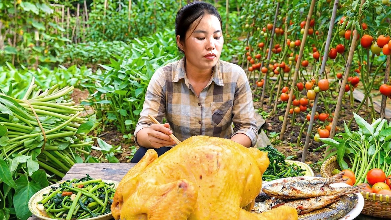 Harvesting Vegetables with My Kids–Selling at the Market and Cooking Whole Boiled Chicken for Lunch
