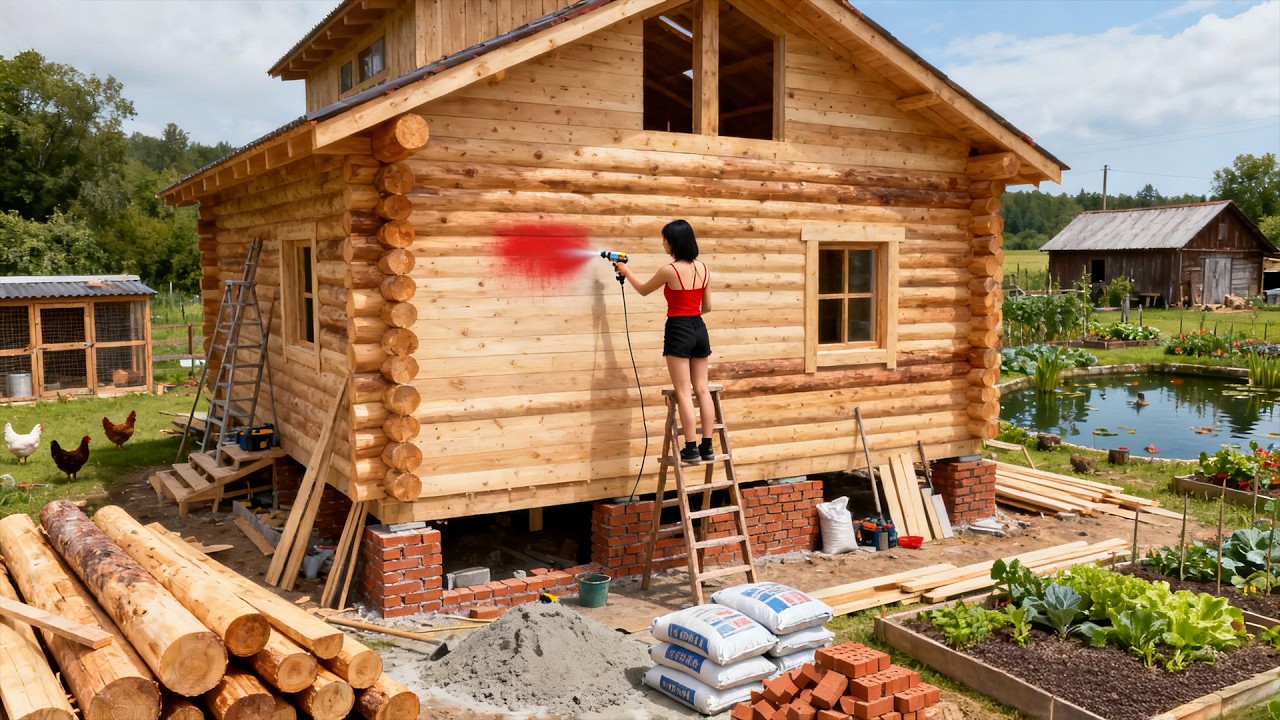 TIMELAPSE | Polishing & Spray Painting the Whole Wooden House: Finishing My Log Cabin