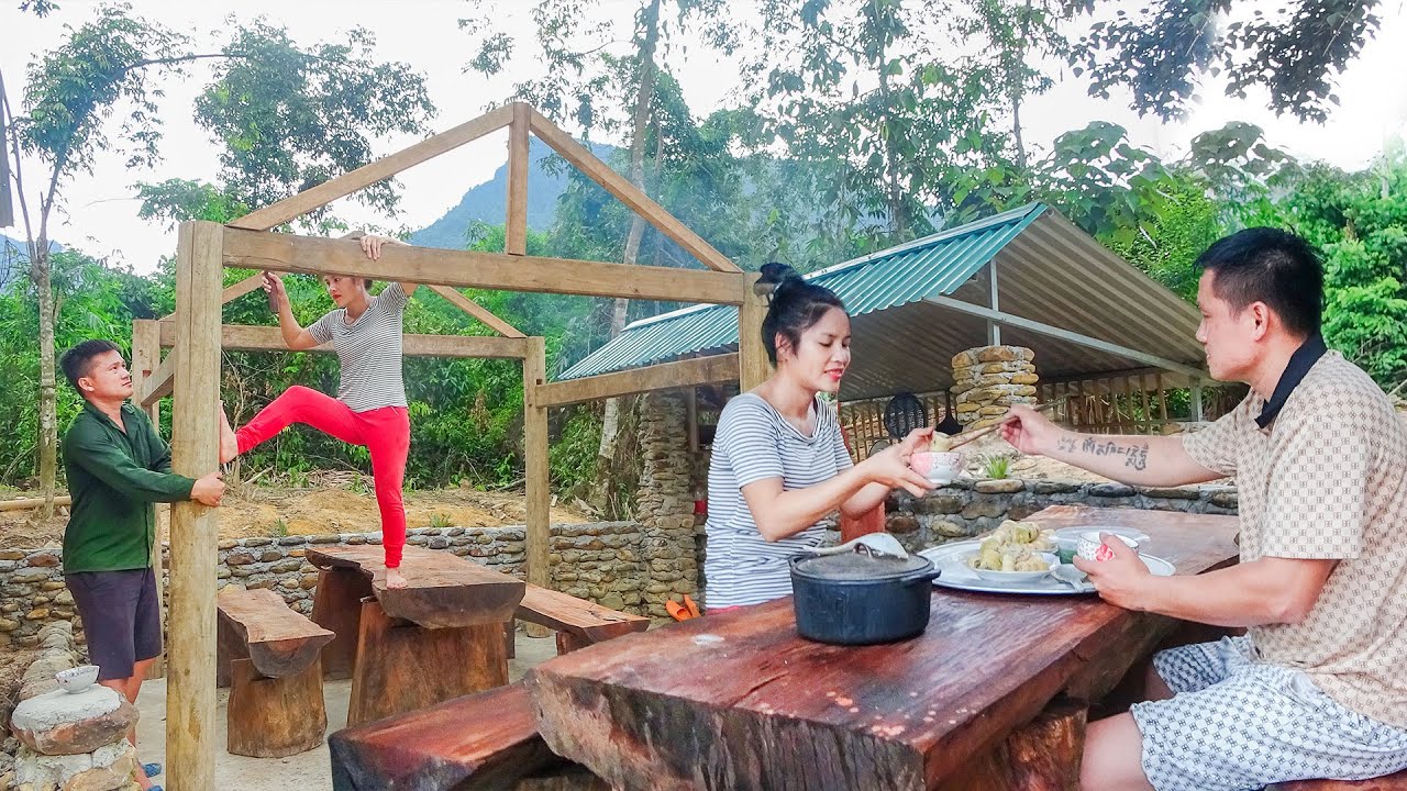Transporting Wood From Old House, Build A Wooden Cabin With Corrugated Iron Roof. Live with nature