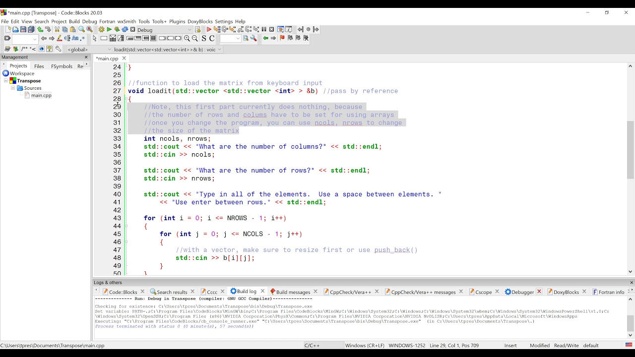 Converting a Transpose Matrix to Use Vectors and a Class - C++ - ENGR2304
