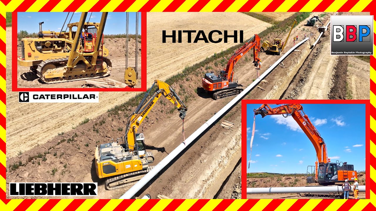 Pipelinebau: CAT Rohrleger, Hitachi ZX490, Liebherr R 930, Sachsenheim, 06.08.2022.