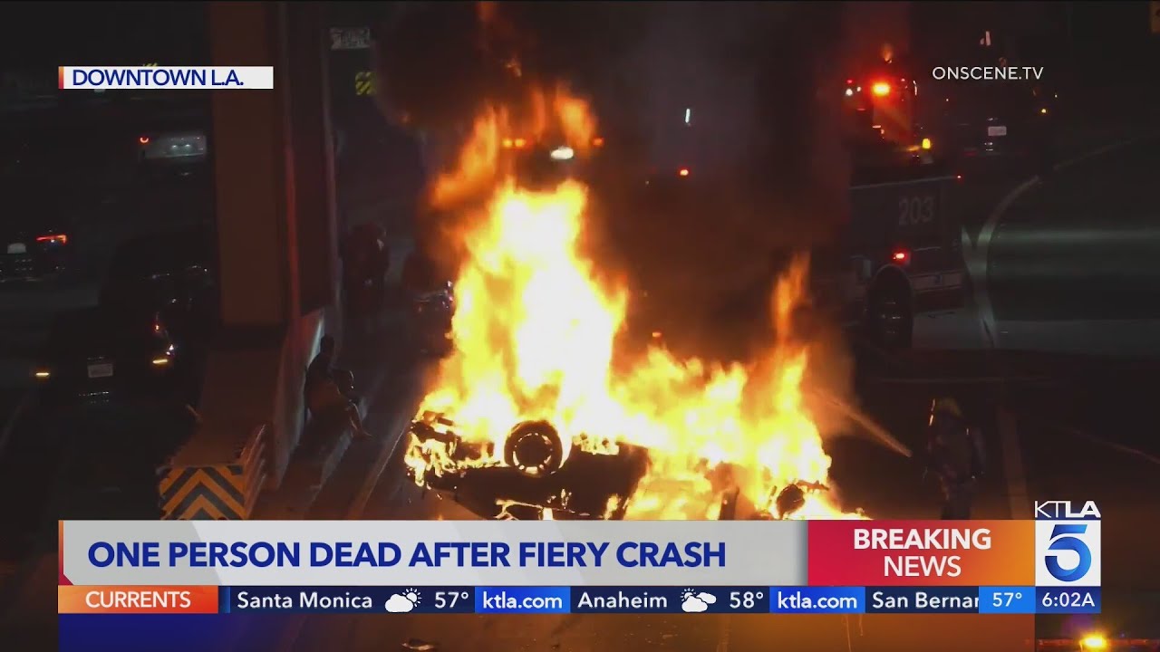Fiery multi-car crash leaves person dead in downtown Los Angeles 