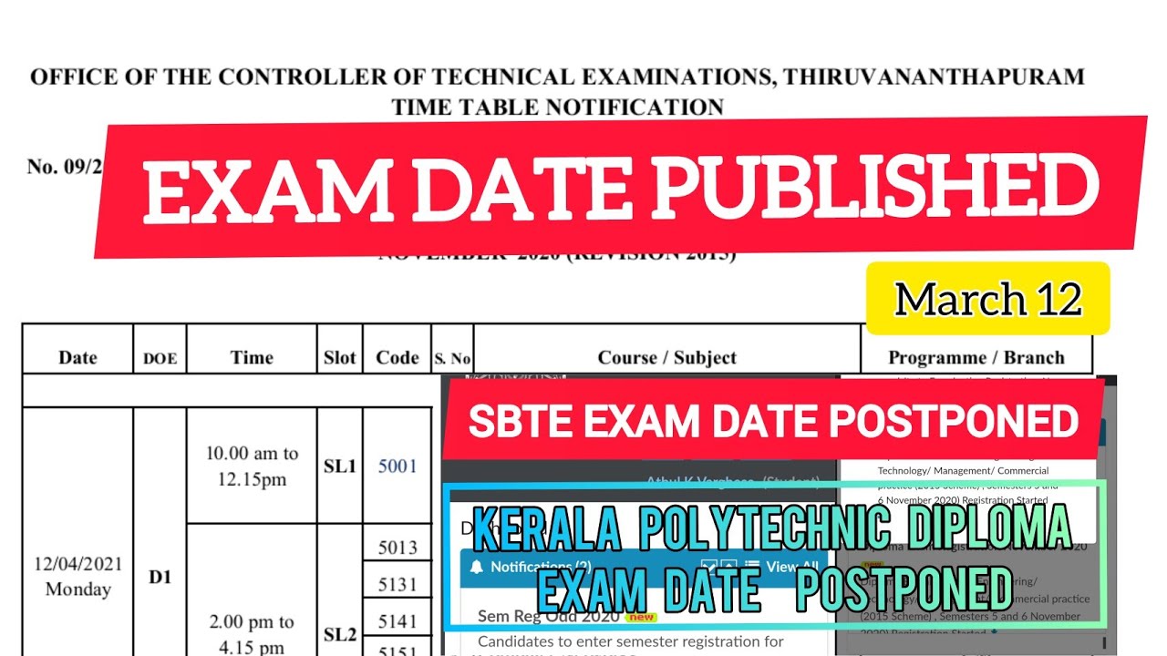 SBTE KERALA EXAM DATE Republished KERALA POLYTECHNIC EXAM. TIME TABLE PUBLISHED S5&S6 EXAM 2021