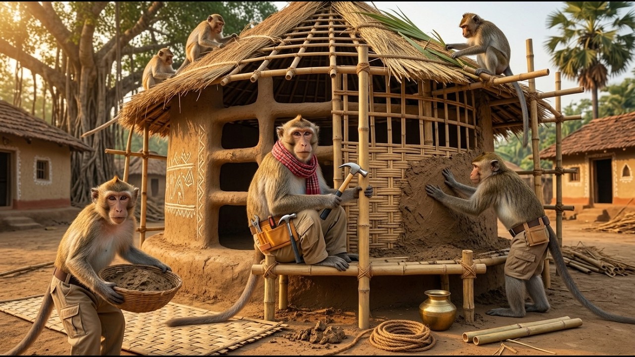 Unbelievable! Indian Monkeys Construct an Ancient Style Bamboo Granary (4K)