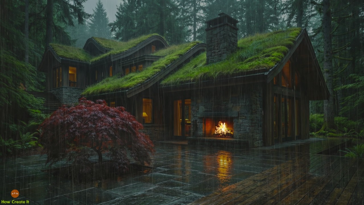 Quiet Rainy Night, Fireplace and Soft Thunder for Total Calm in a Secluded Forest Grass Roof Home