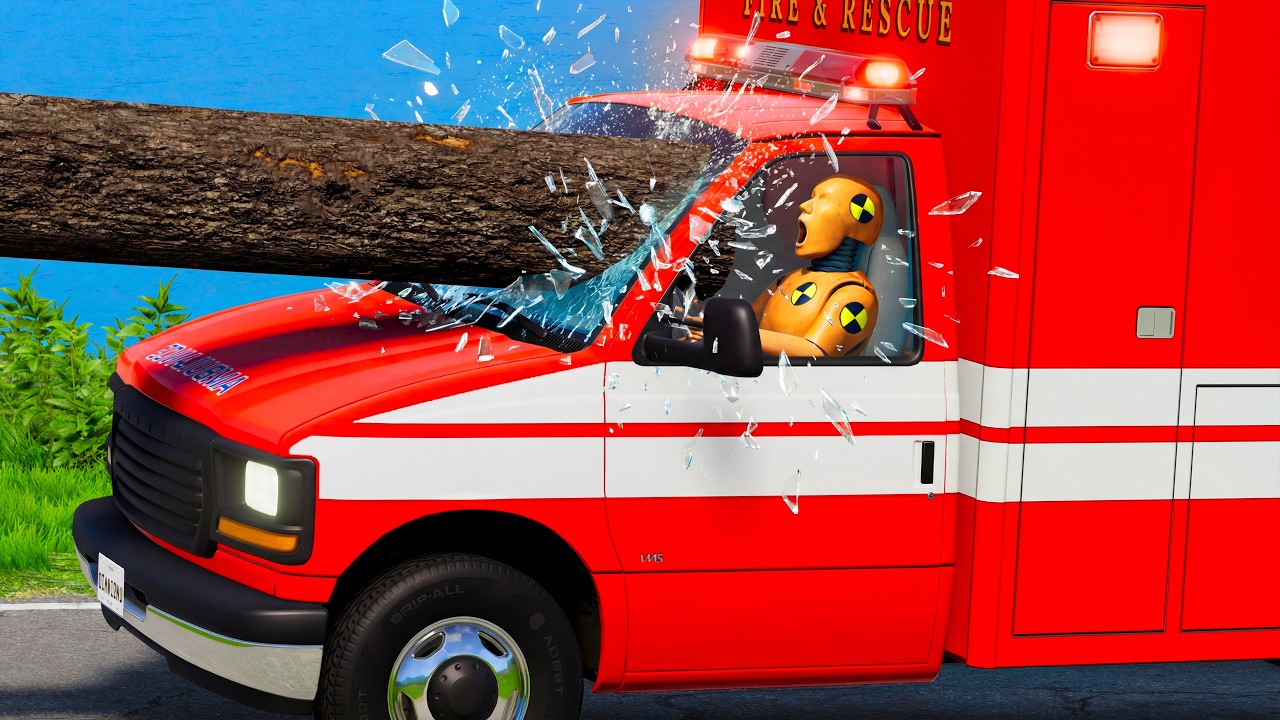 Ambulance VS log, Realistic accidents [BeamNG.Drive]