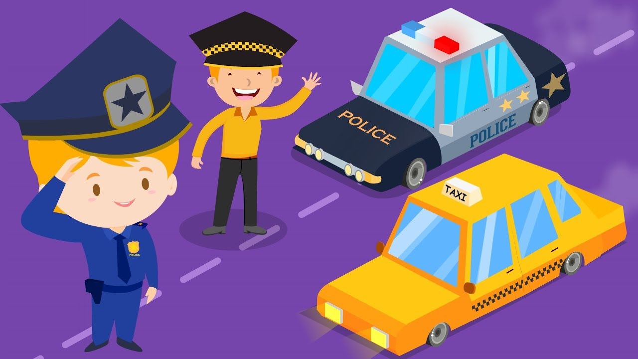 Police Car Cartoon For Kids | Yellow Taxi Cab For Kids | Driving Signs