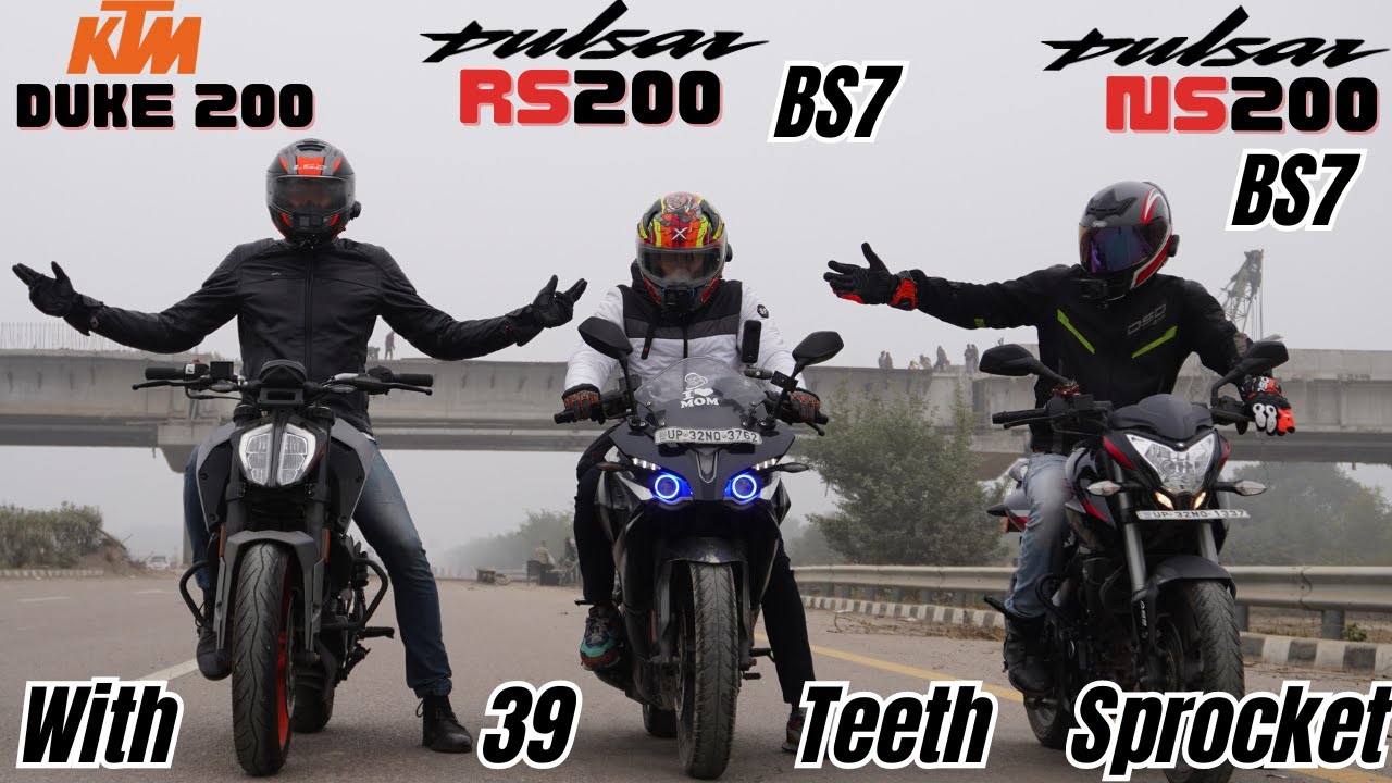 Bajaj Pulsar RS200 with 39 Teeth Sprocket vs KTM Duke 200 BS7 vs NS200 BS7 Drag Race
