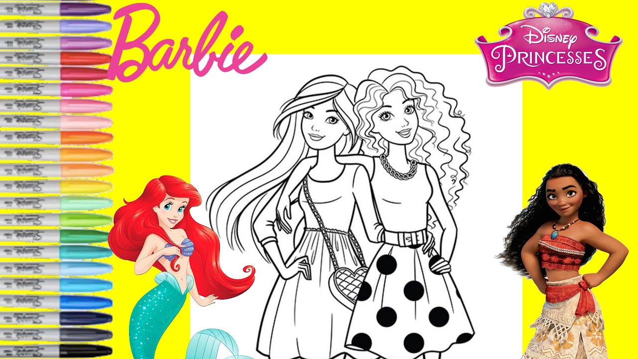 Barbie and Friends Makeover as Disney Princess Ariel and Moana Barbie Coloring Book Page