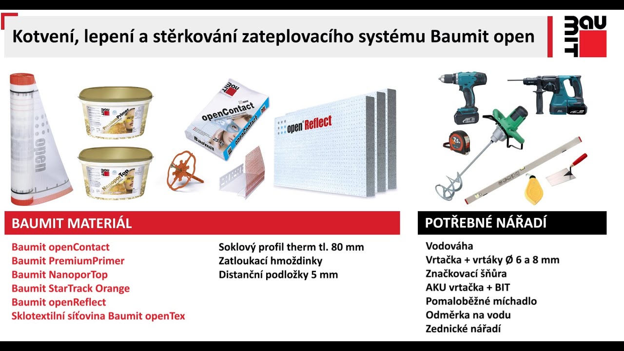 Kotvení, lepení a stěrkování zateplovacího systému Baumit open
