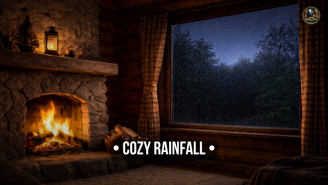 Night Cabin Ambience • Cozy Fireplace + Light Rain Sounds (10 Hours) Deep Sleep