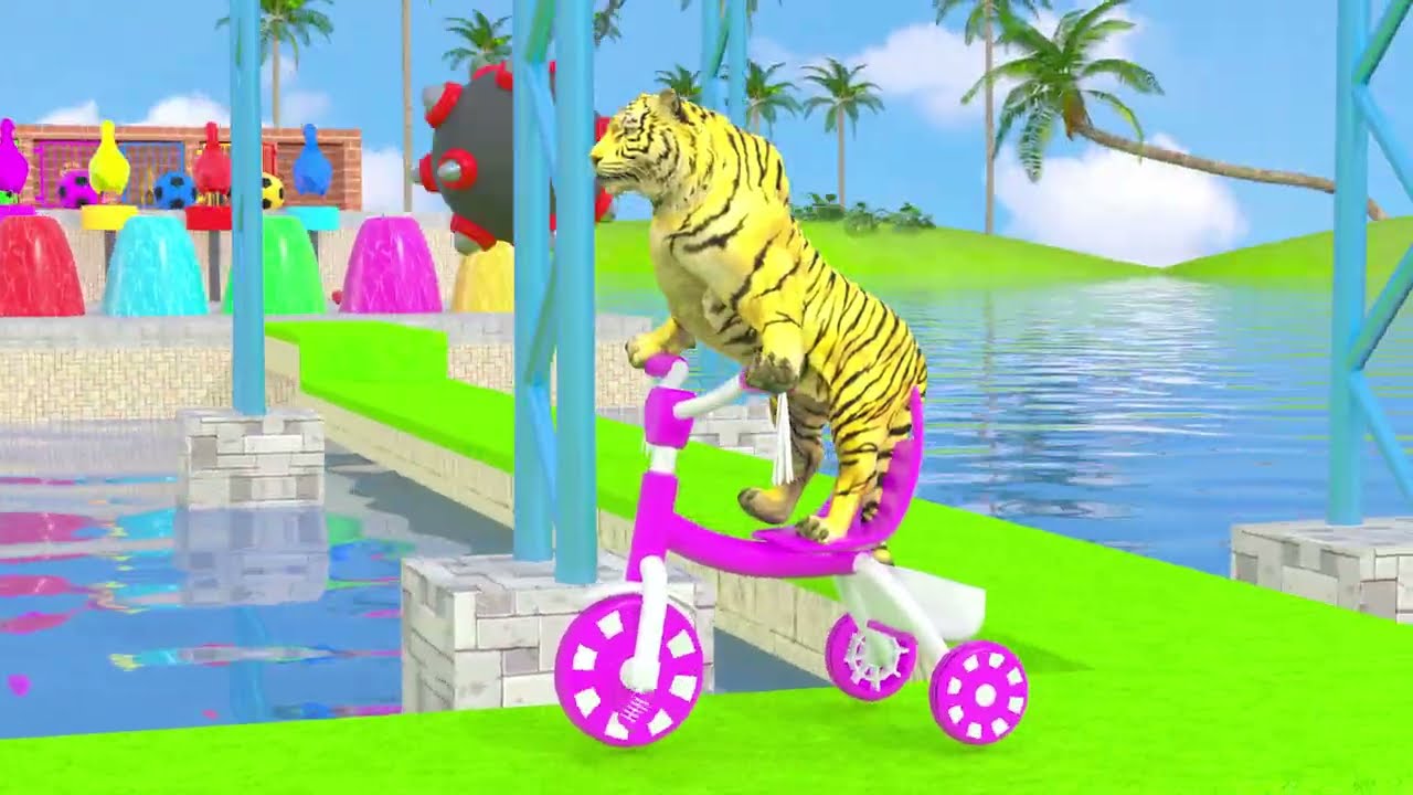 Long Slide Game With Elephant Gorilla Buffalo Hippopotamus Tiger - 3d Animal Game - Funny 3d Animals