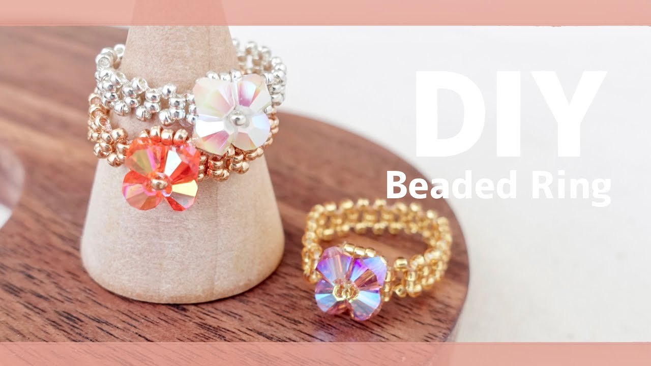 DIY Easy Beaded Ring tutorial 💠スワロフスキーの簡単ビーズリング 作り方♪ |How to make | ビーズアクセサリー|テグス編み