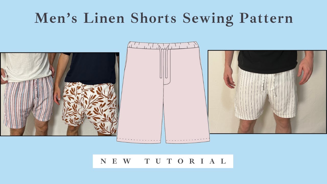 Men's shorts sewing tutorial and pattern | DIY linen shorts with elastic waistband and 6 inch inseam