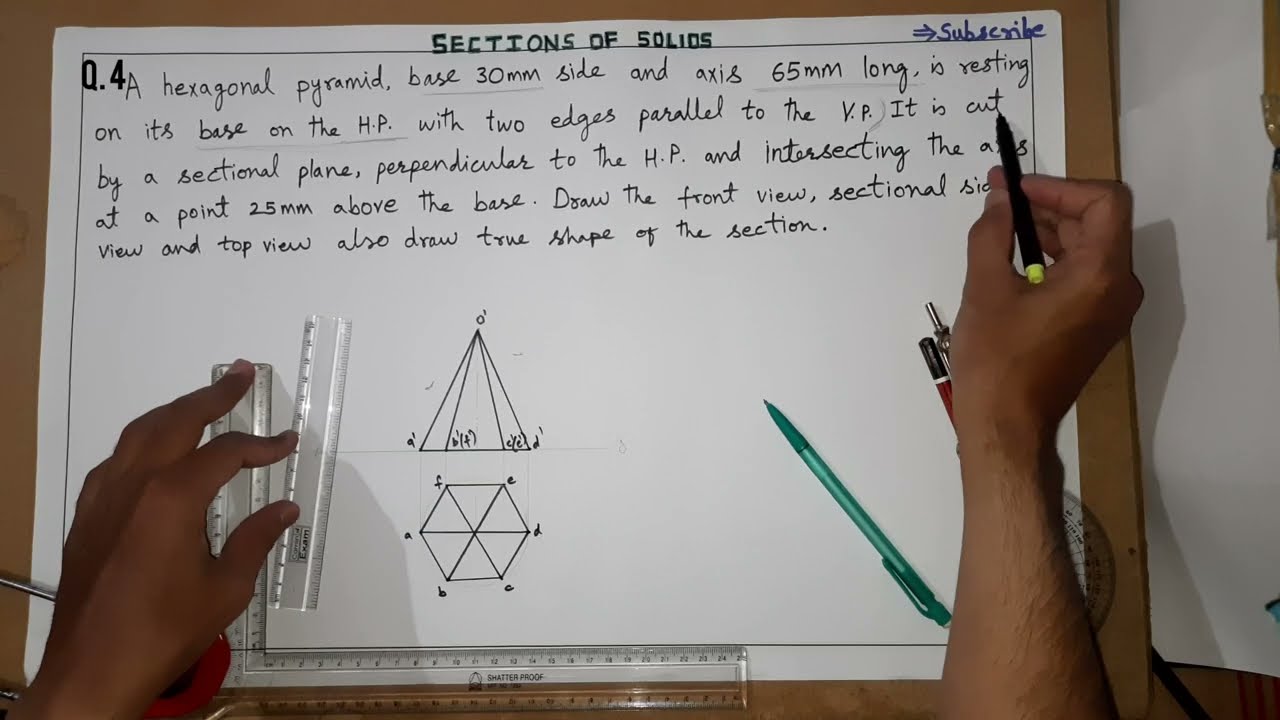 Section of Hexagonal Pyramid & True Shape | Section plane inclined to HP perpendicular to VP